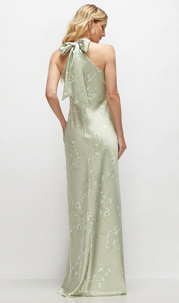 Back View - Vintage Primrose Celadon Floral Twist Pleated Halter Bias Satin Maxi Dress with Self-Tie Bow Back