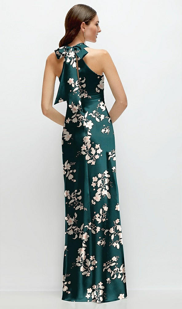 Back View - Vintage Primrose Evergreen Floral Twist Pleated Halter Bias Satin Maxi Dress with Self-Tie Bow Back