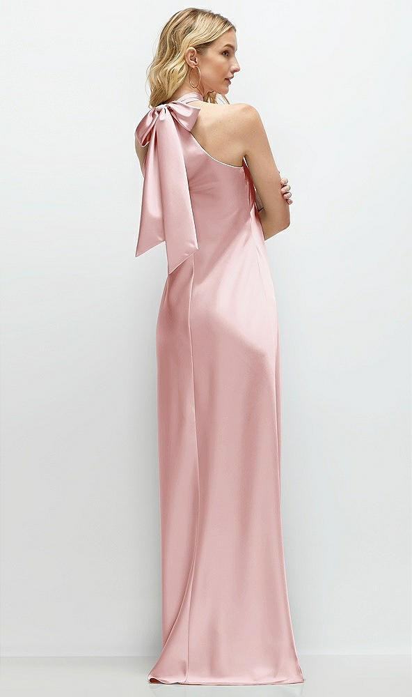 Back View - Ballet Pink Stand Collar Bias Satin Maxi Dress with Self-Tie Bow Back