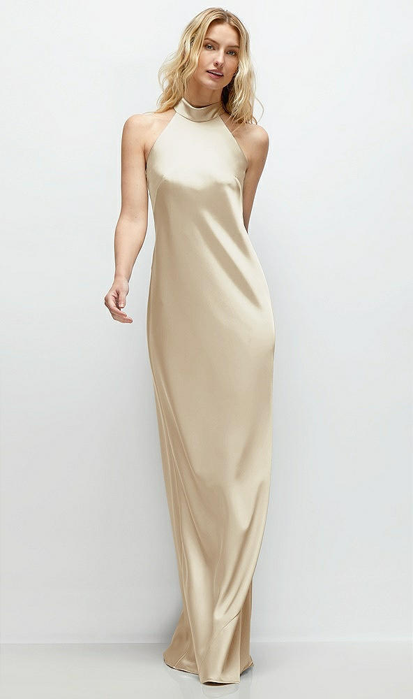 Front View - Champagne Stand Collar Bias Satin Maxi Dress with Self-Tie Bow Back