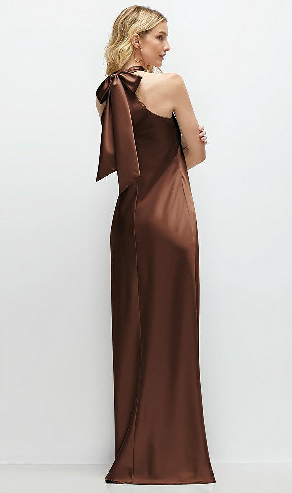 Back View - Cognac Stand Collar Bias Satin Maxi Dress with Self-Tie Bow Back