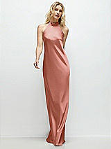 Front View Thumbnail - Desert Rose Stand Collar Bias Satin Maxi Dress with Self-Tie Bow Back