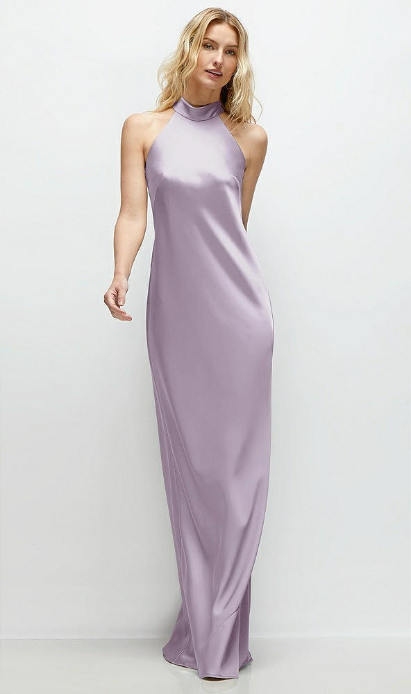 Front View - Lilac Haze Stand Collar Bias Satin Maxi Dress with Self-Tie Bow Back