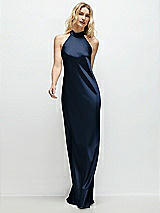 Front View Thumbnail - Midnight Navy Stand Collar Bias Satin Maxi Dress with Self-Tie Bow Back