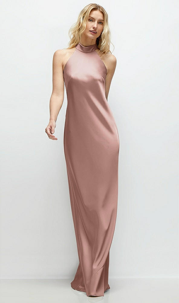 Front View - Neu Nude Stand Collar Bias Satin Maxi Dress with Self-Tie Bow Back