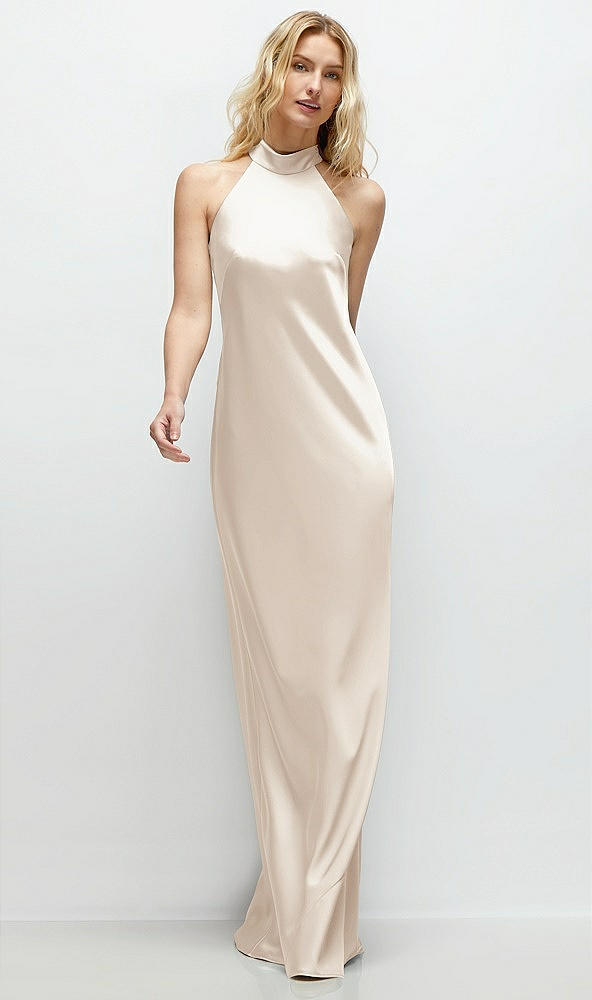 Front View - Oat Stand Collar Bias Satin Maxi Dress with Self-Tie Bow Back