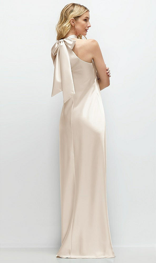 Back View - Oat Stand Collar Bias Satin Maxi Dress with Self-Tie Bow Back