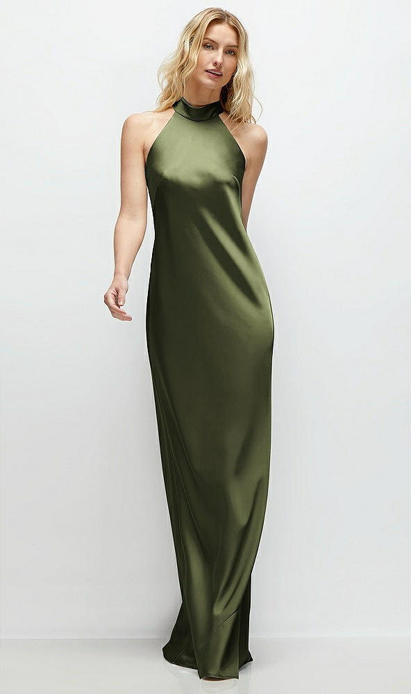 Front View - Olive Green Stand Collar Bias Satin Maxi Dress with Self-Tie Bow Back