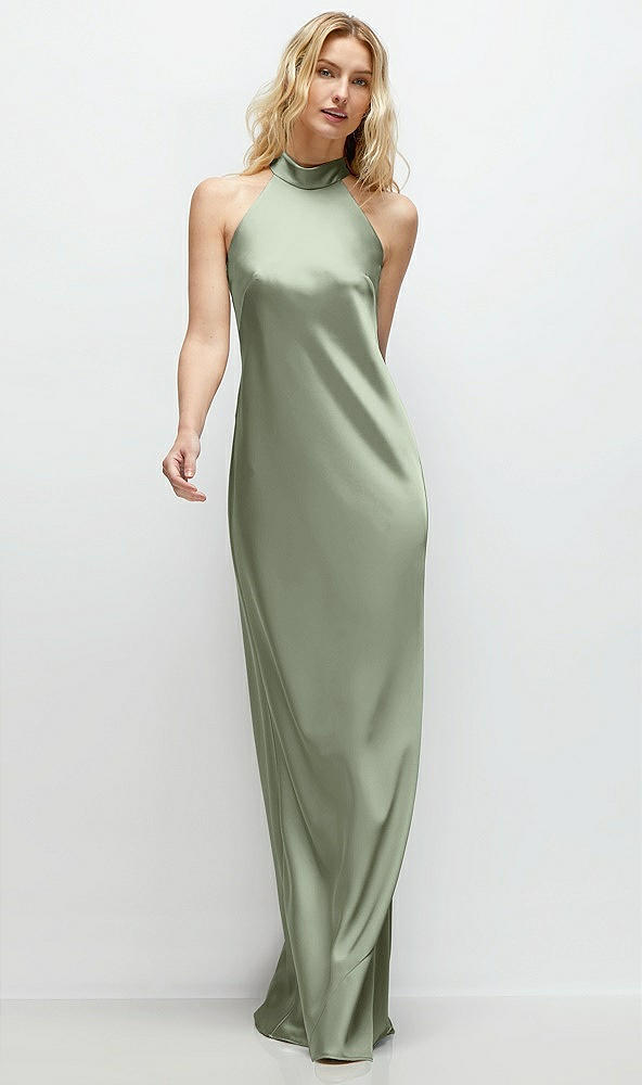 Front View - Sage Stand Collar Bias Satin Maxi Dress with Self-Tie Bow Back