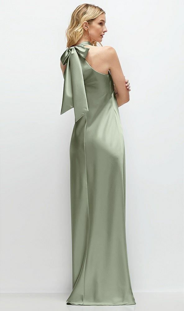 Back View - Sage Stand Collar Bias Satin Maxi Dress with Self-Tie Bow Back