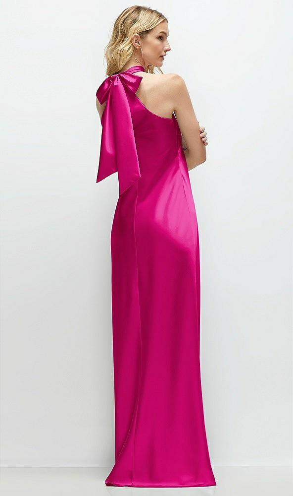 Back View - Think Pink Stand Collar Bias Satin Maxi Dress with Self-Tie Bow Back