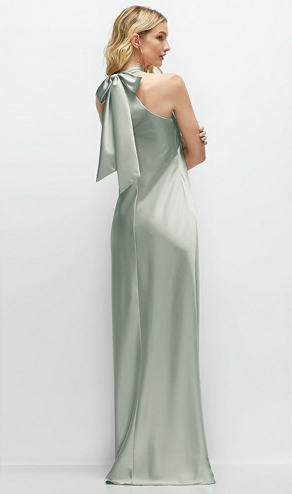 Back View - Willow Green Stand Collar Bias Satin Maxi Dress with Self-Tie Bow Back