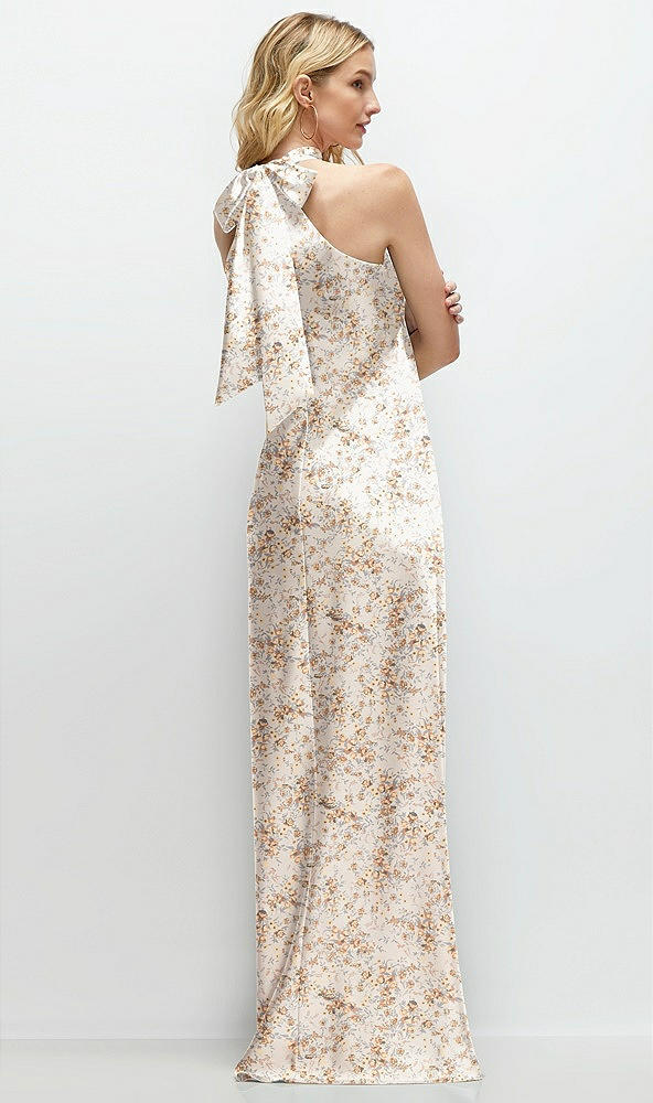 Back View - Golden Hour Floral Stand Collar Bias Satin Maxi Dress with Self-Tie Bow Back