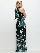 Rear View Thumbnail - Vintage Primrose Evergreen Floral Stand Collar Bias Satin Maxi Dress with Self-Tie Bow Back