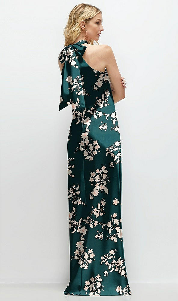 Back View - Vintage Primrose Evergreen Floral Stand Collar Bias Satin Maxi Dress with Self-Tie Bow Back