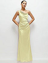 Front View Thumbnail - Butter Yellow One-Shoulder Cat-Eye Neckline Fit and Flare Satin Maxi Dress