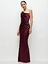 Side View Thumbnail - Cabernet One-Shoulder Cat-Eye Neckline Fit and Flare Satin Maxi Dress