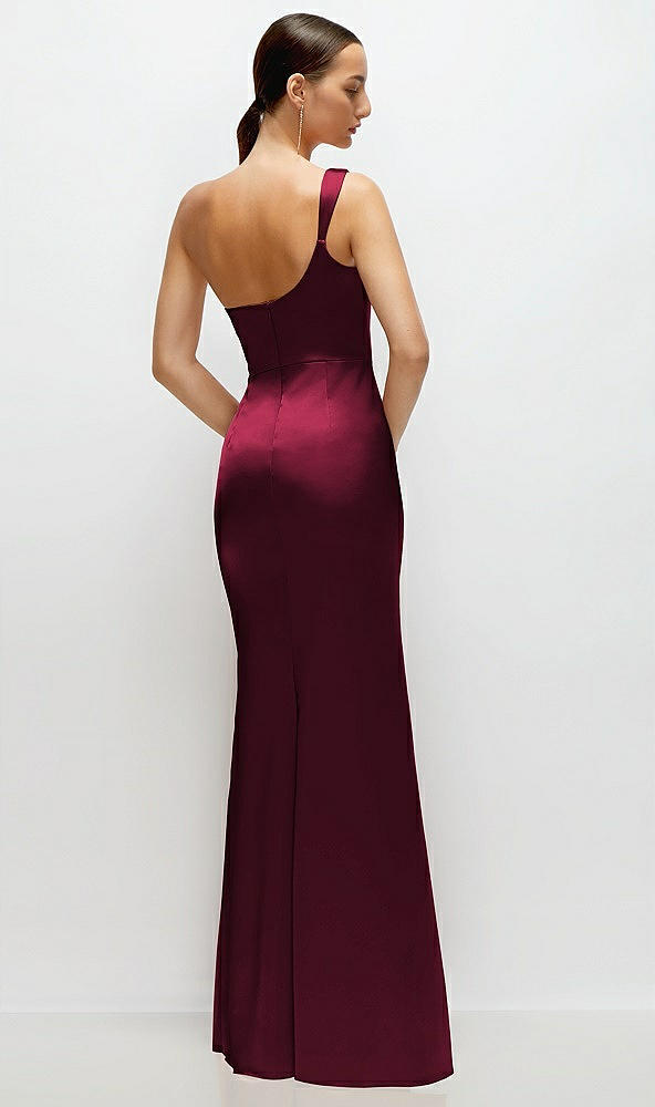 Back View - Cabernet One-Shoulder Cat-Eye Neckline Fit and Flare Satin Maxi Dress