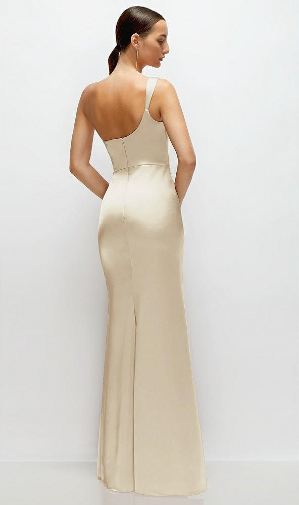 Back View - Champagne One-Shoulder Cat-Eye Neckline Fit and Flare Satin Maxi Dress