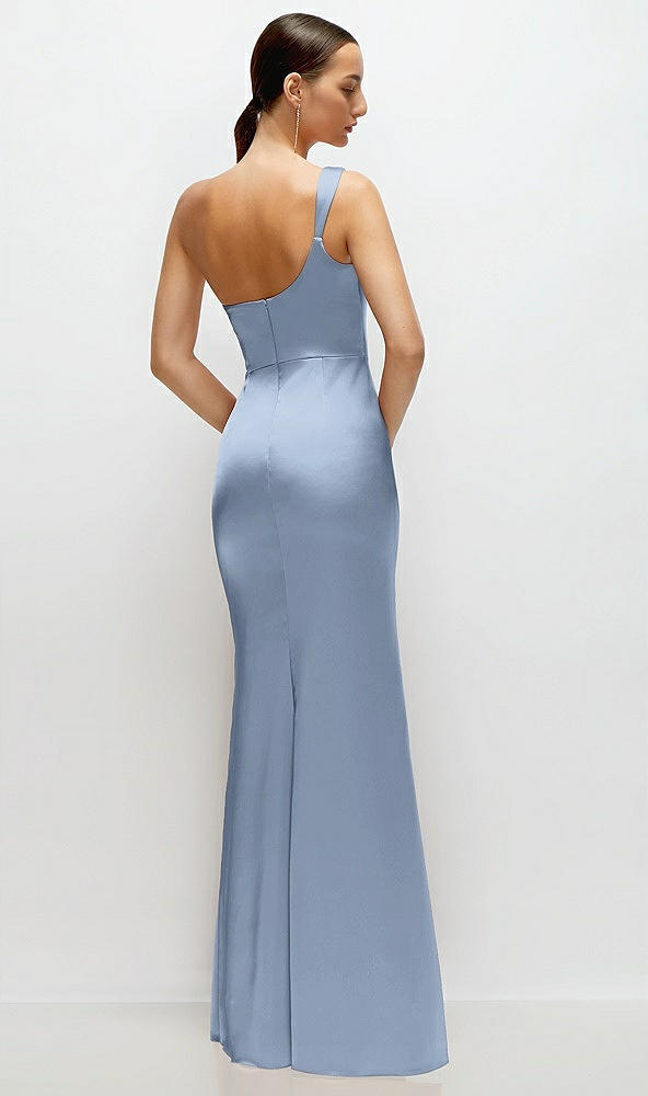 Back View - Cloudy One-Shoulder Cat-Eye Neckline Fit and Flare Satin Maxi Dress