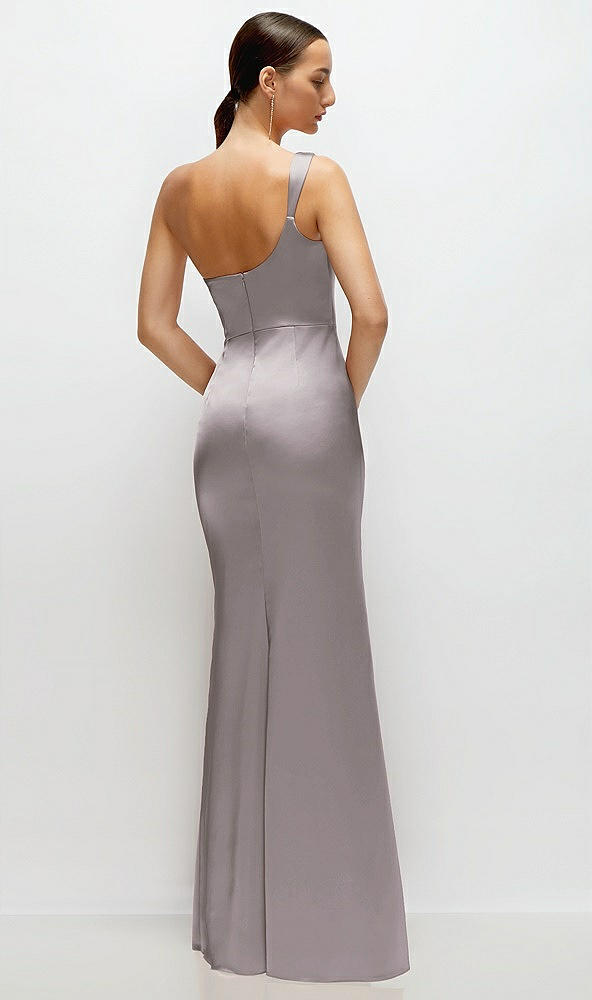 Back View - Cashmere Gray One-Shoulder Cat-Eye Neckline Fit and Flare Satin Maxi Dress