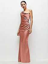 Side View Thumbnail - Desert Rose One-Shoulder Cat-Eye Neckline Fit and Flare Satin Maxi Dress