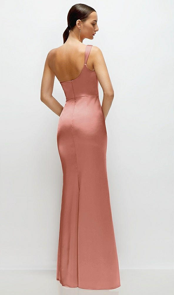 Back View - Desert Rose One-Shoulder Cat-Eye Neckline Fit and Flare Satin Maxi Dress