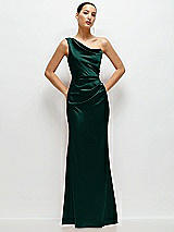 Front View Thumbnail - Evergreen One-Shoulder Cat-Eye Neckline Fit and Flare Satin Maxi Dress