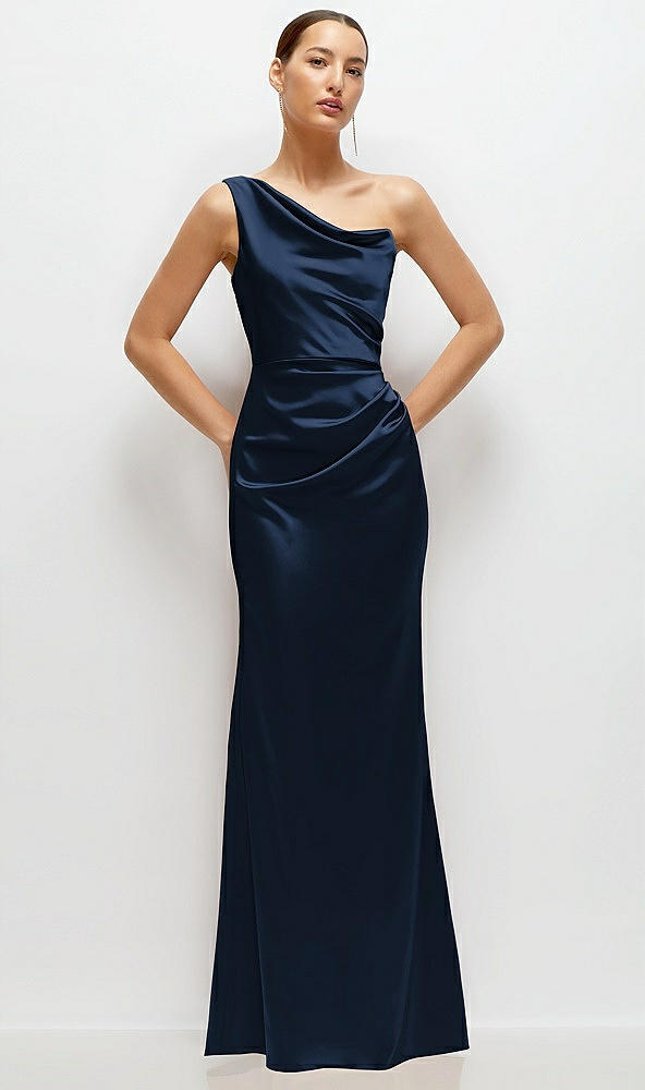 Front View - Midnight Navy One-Shoulder Cat-Eye Neckline Fit and Flare Satin Maxi Dress