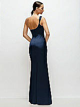 Rear View Thumbnail - Midnight Navy One-Shoulder Cat-Eye Neckline Fit and Flare Satin Maxi Dress