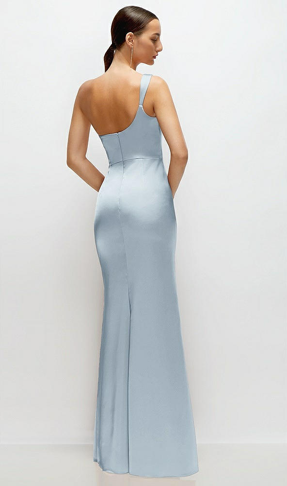 Back View - Mist One-Shoulder Cat-Eye Neckline Fit and Flare Satin Maxi Dress