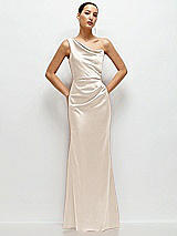 Front View Thumbnail - Oat One-Shoulder Cat-Eye Neckline Fit and Flare Satin Maxi Dress