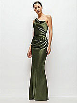 Side View Thumbnail - Olive Green One-Shoulder Cat-Eye Neckline Fit and Flare Satin Maxi Dress