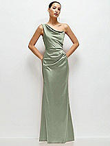 Front View Thumbnail - Sage One-Shoulder Cat-Eye Neckline Fit and Flare Satin Maxi Dress