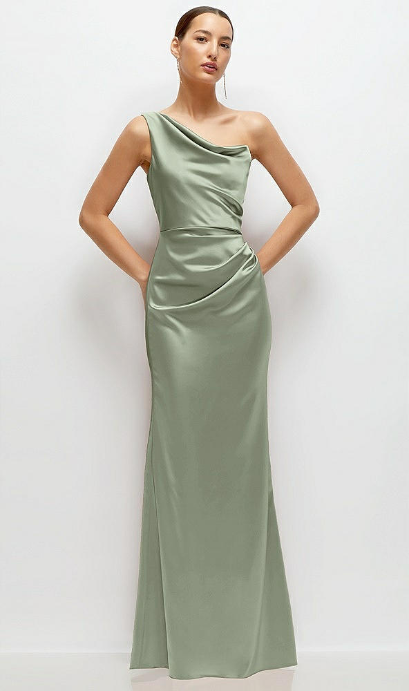 Front View - Sage One-Shoulder Cat-Eye Neckline Fit and Flare Satin Maxi Dress