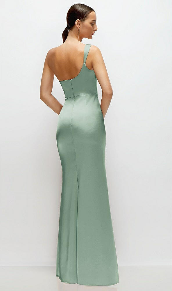 Back View - Seagrass One-Shoulder Cat-Eye Neckline Fit and Flare Satin Maxi Dress