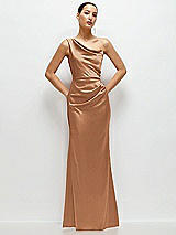 Front View Thumbnail - Toffee One-Shoulder Cat-Eye Neckline Fit and Flare Satin Maxi Dress