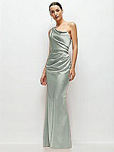 Side View Thumbnail - Willow Green One-Shoulder Cat-Eye Neckline Fit and Flare Satin Maxi Dress