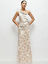 Front View Thumbnail - Golden Hour Floral One-Shoulder Pleated Cat-Eye Neck Fit and Flare Satin Maxi Dress