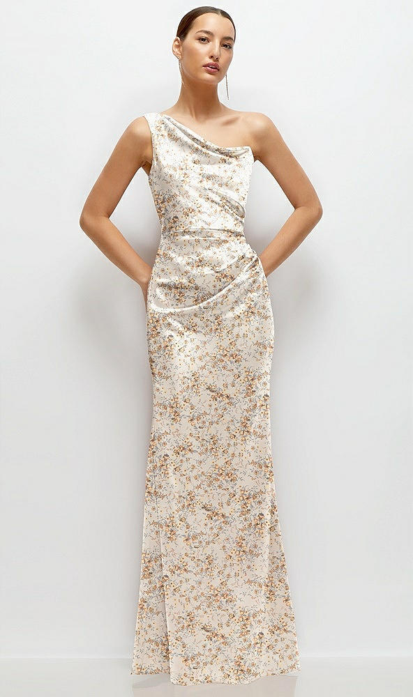 Front View - Golden Hour Floral One-Shoulder Pleated Cat-Eye Neck Fit and Flare Satin Maxi Dress