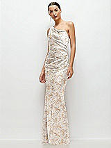 Side View Thumbnail - Golden Hour Floral One-Shoulder Pleated Cat-Eye Neck Fit and Flare Satin Maxi Dress