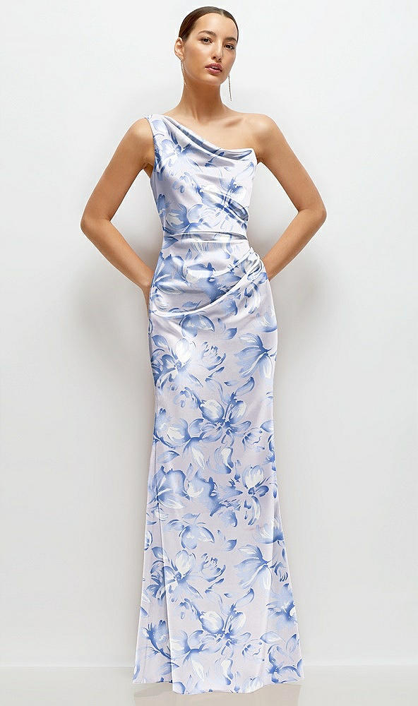 Front View - Magnolia Sky Floral One-Shoulder Pleated Cat-Eye Neck Fit and Flare Satin Maxi Dress