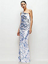 Side View Thumbnail - Magnolia Sky Floral One-Shoulder Pleated Cat-Eye Neck Fit and Flare Satin Maxi Dress