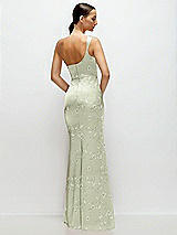 Rear View Thumbnail - Vintage Primrose Celadon Floral One-Shoulder Pleated Cat-Eye Neck Fit and Flare Satin Maxi Dress