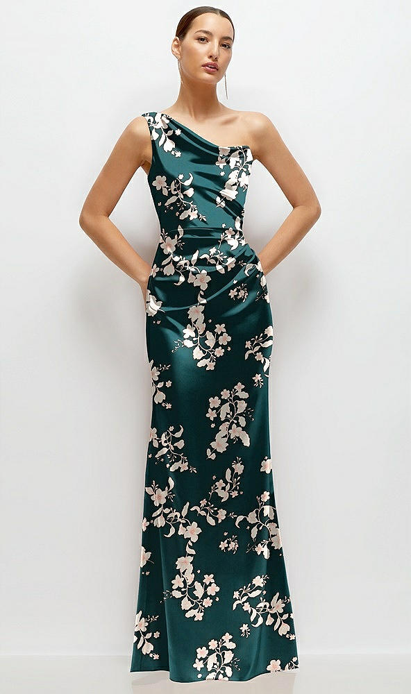 Front View - Vintage Primrose Evergreen Floral One-Shoulder Pleated Cat-Eye Neck Fit and Flare Satin Maxi Dress