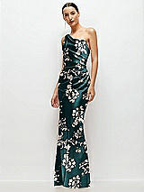 Side View Thumbnail - Vintage Primrose Evergreen Floral One-Shoulder Pleated Cat-Eye Neck Fit and Flare Satin Maxi Dress