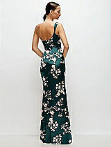 Rear View Thumbnail - Vintage Primrose Evergreen Floral One-Shoulder Pleated Cat-Eye Neck Fit and Flare Satin Maxi Dress