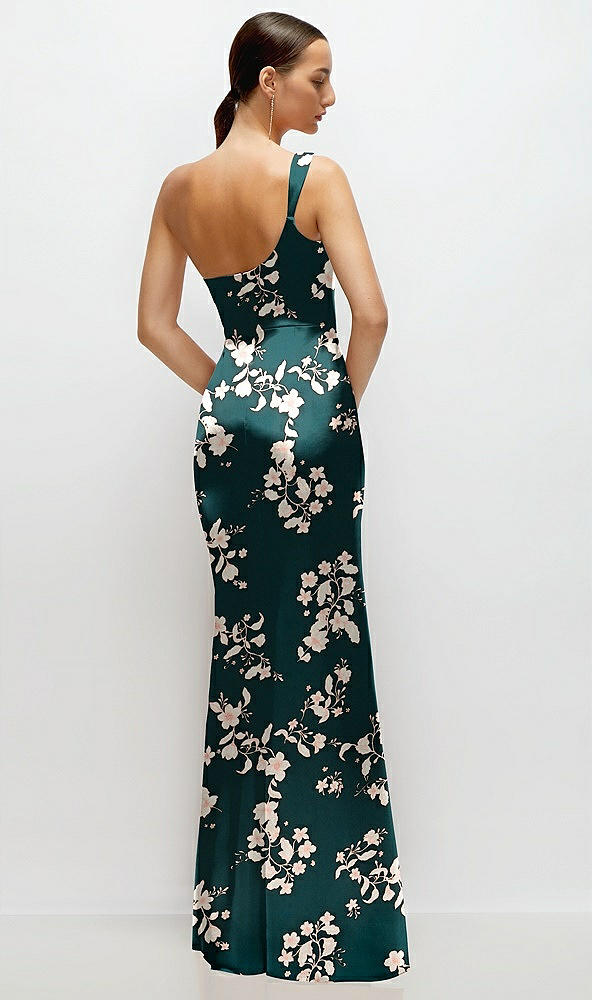 Back View - Vintage Primrose Evergreen Floral One-Shoulder Pleated Cat-Eye Neck Fit and Flare Satin Maxi Dress