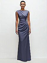 Front View Thumbnail - French Blue Sleeveless Cap Shoulder Crepe Maxi Dress with Trumpet Skirt