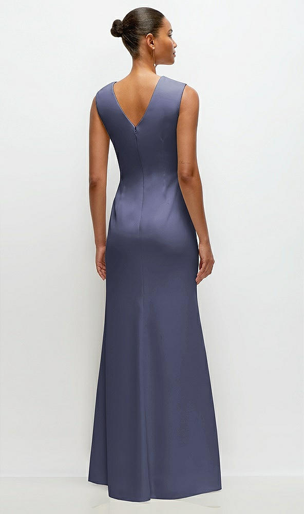 Back View - French Blue Sleeveless Cap Shoulder Crepe Maxi Dress with Trumpet Skirt